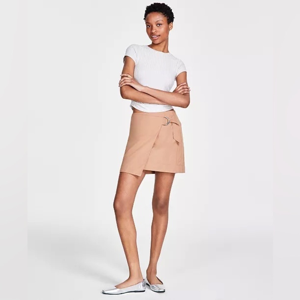 Calvin Klein Jeans Womens Tan Khaki Wrap Mini Skirt D-Ring Belt Size Large